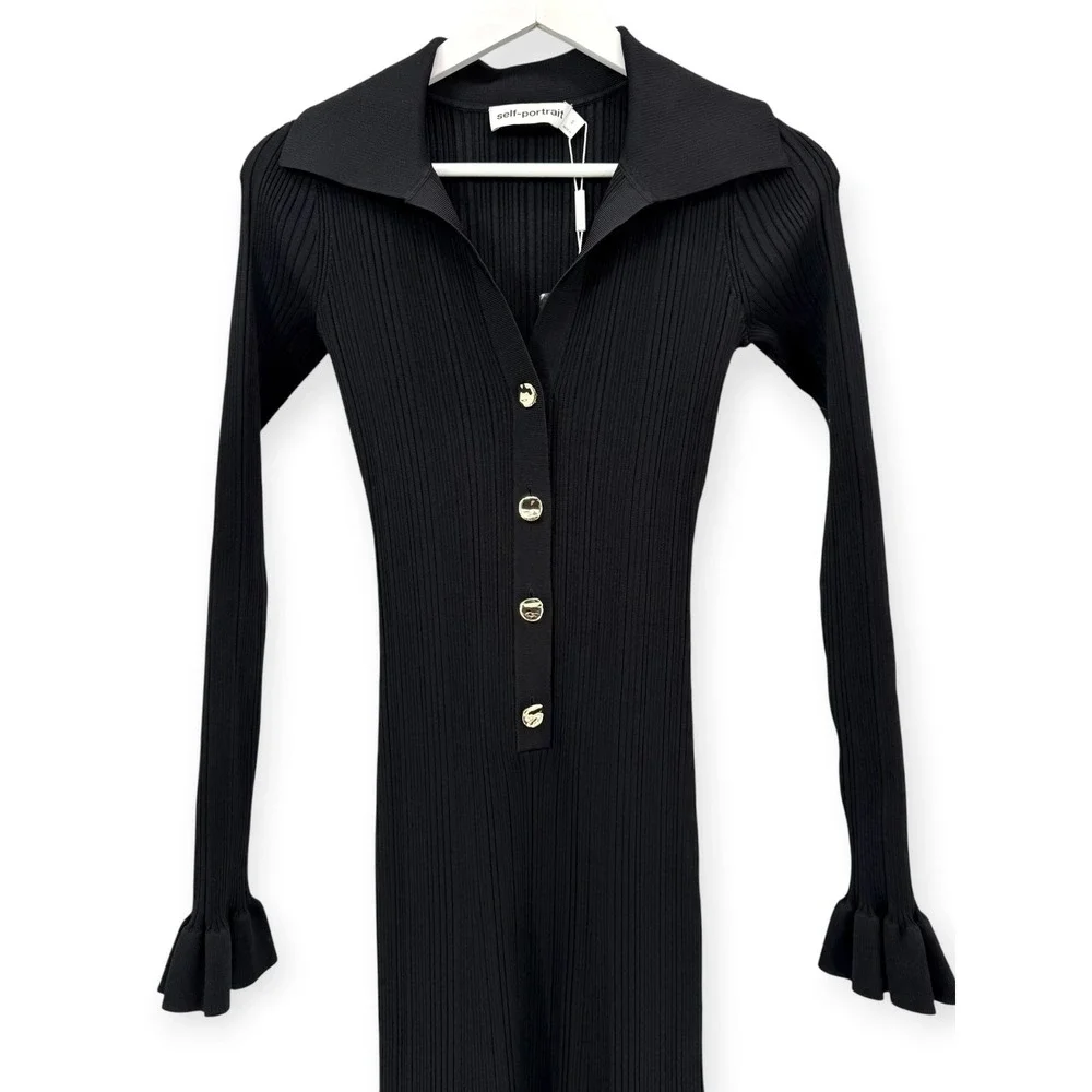 NWT Self-Portrait Black Ribbed Knit Fluted Midi Dress $555 - Size Small - Picture 7 of 16